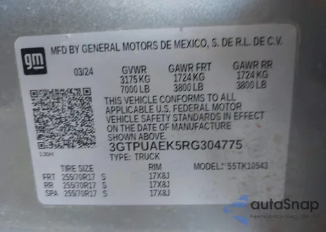 2024 GMC Sierra 1500 4Wd Short Box Pro из США, поврежденный, VIN 3GTPUAEK5RG304775